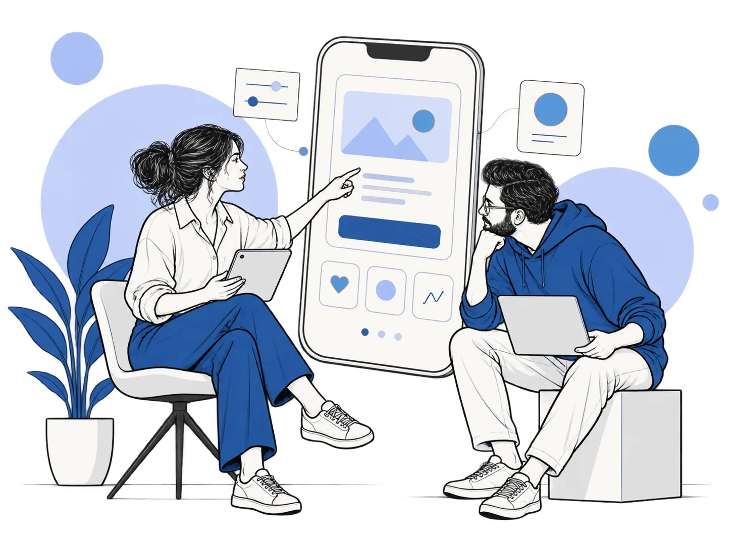 Editorial illustration of two people reviewing a mobile app design