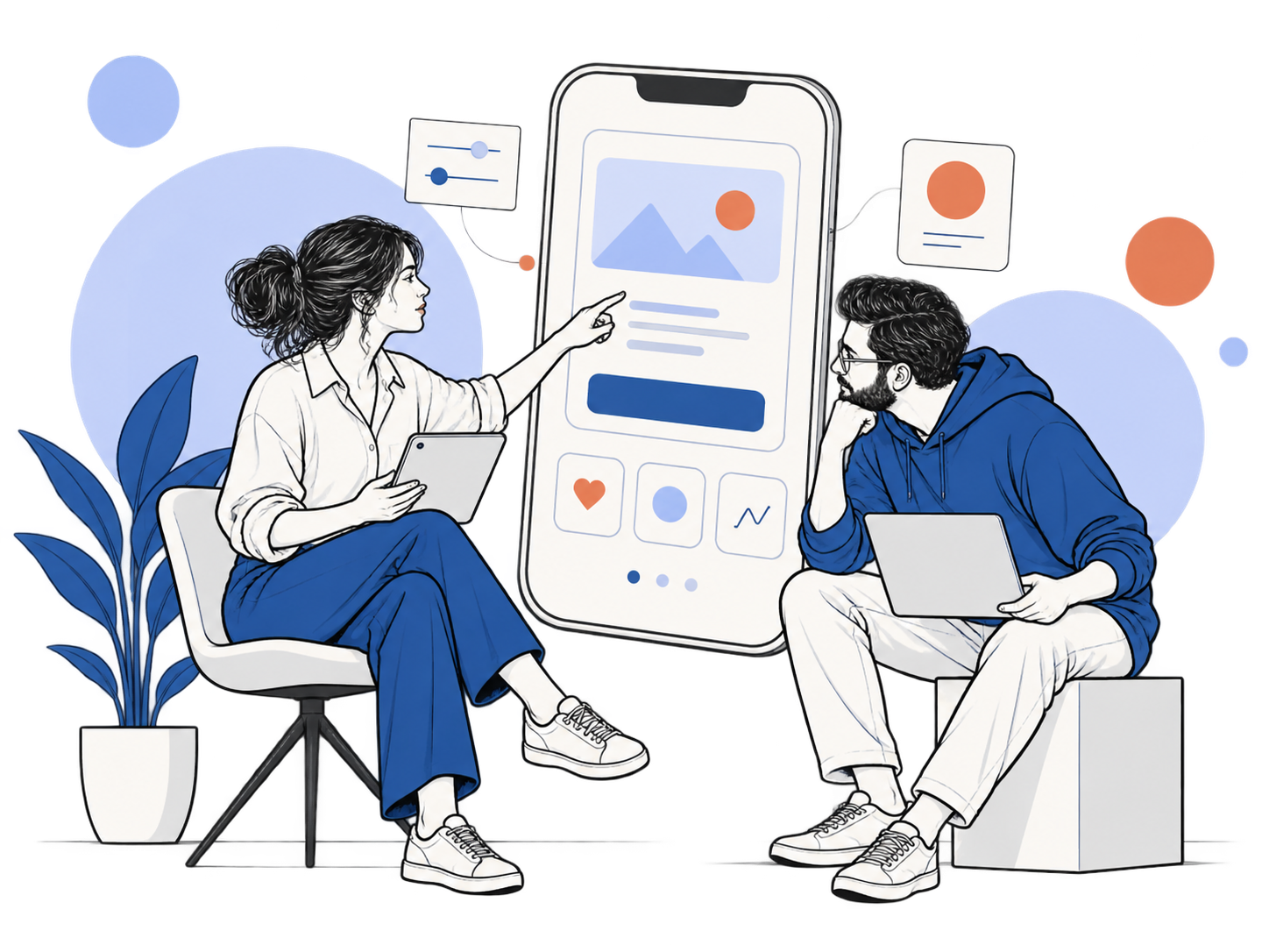 Editorial illustration of two people reviewing a mobile app design