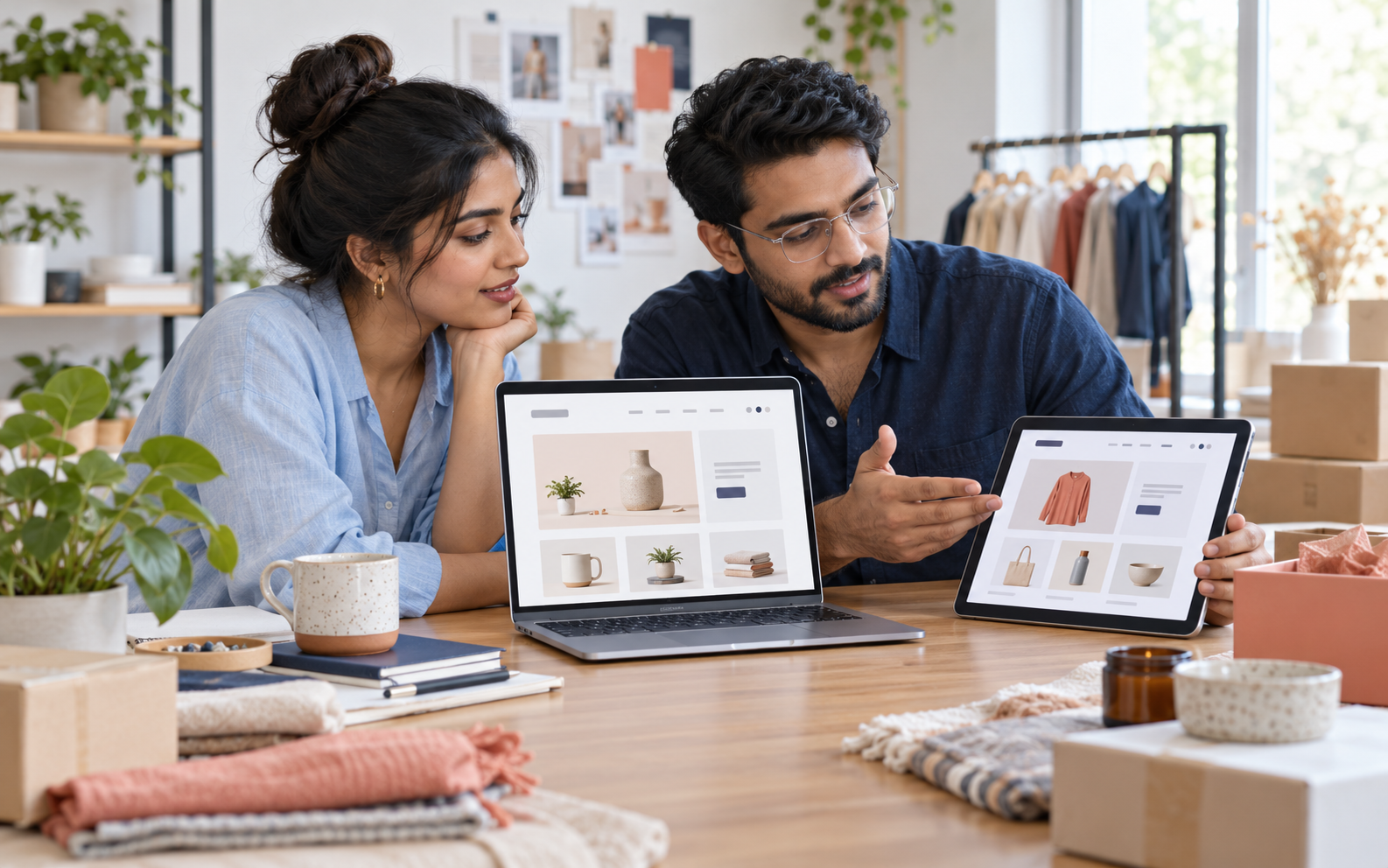 Concept image of ecommerce founders comparing online store layouts