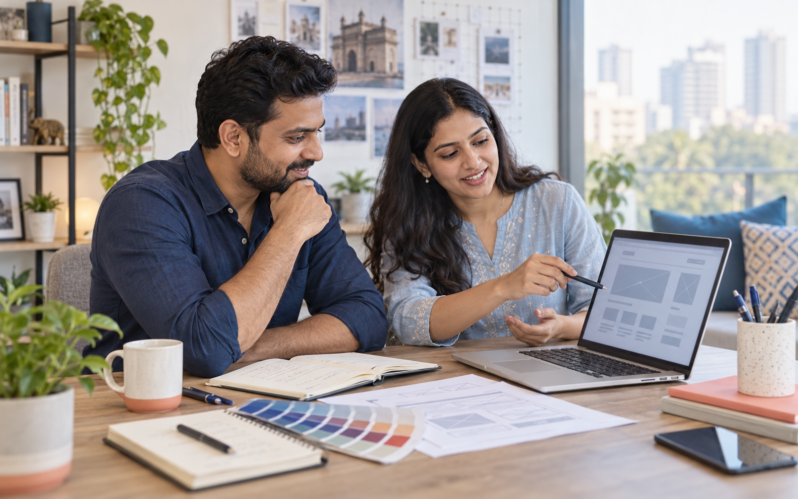 Concept image of a business owner and designer reviewing website wireframes