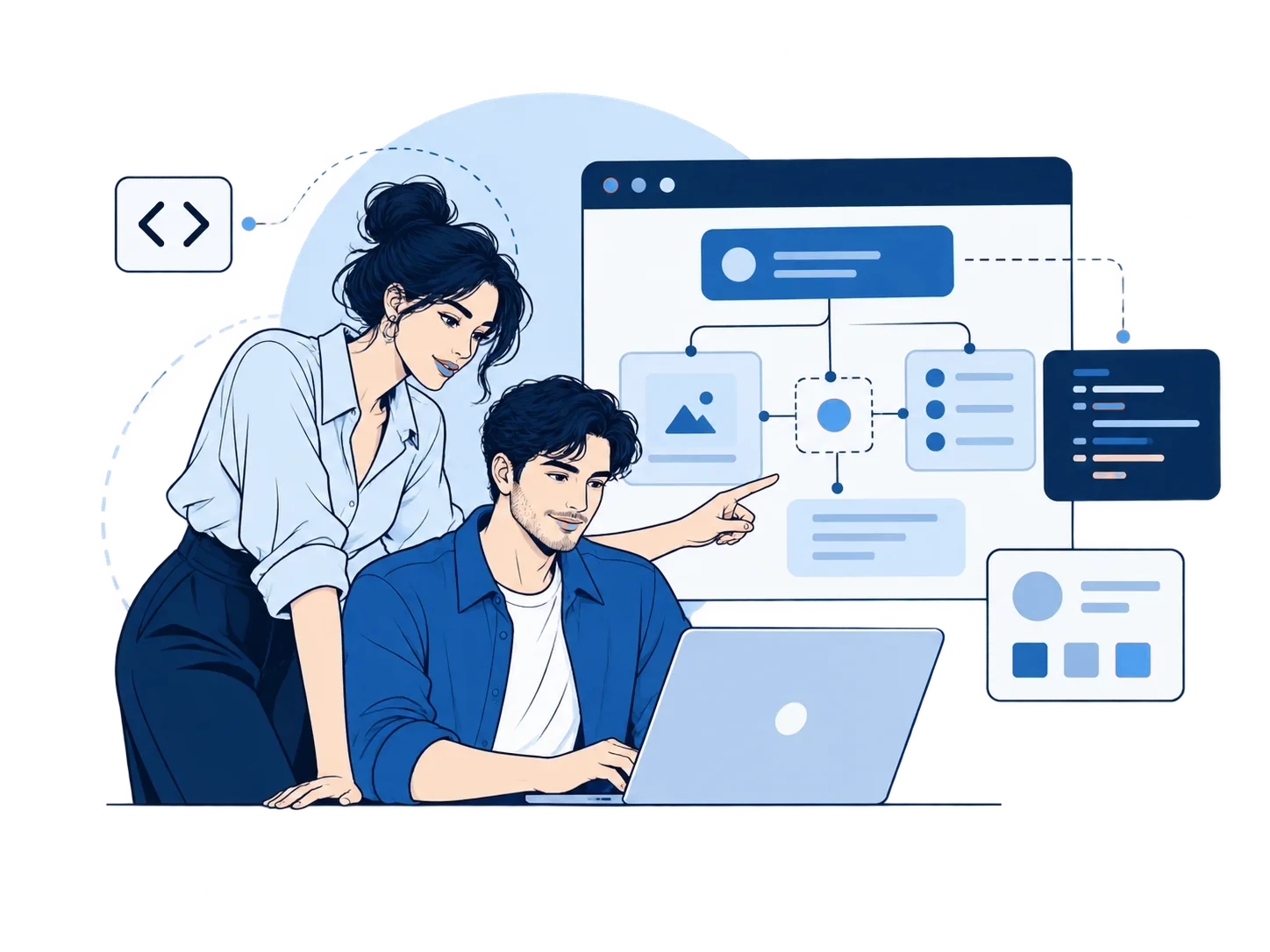 Editorial illustration of developers planning a web application workflow
