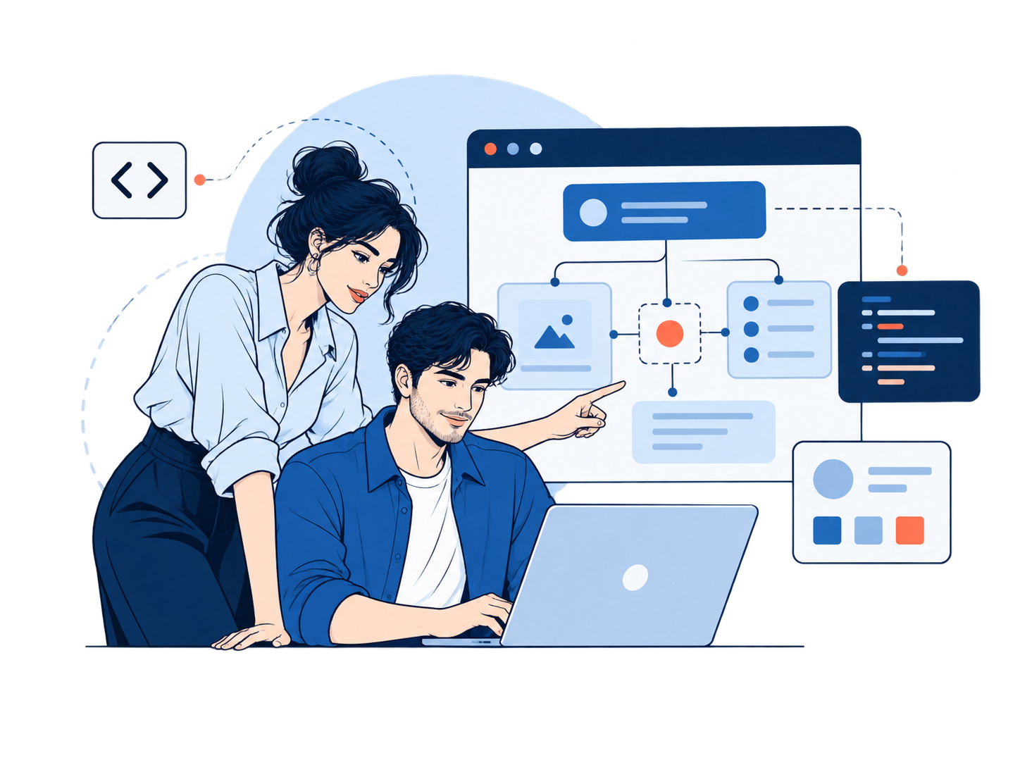 Editorial illustration of developers planning a web application workflow