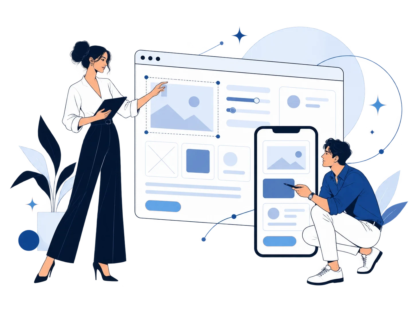 Editorial illustration of a website and mobile app design team