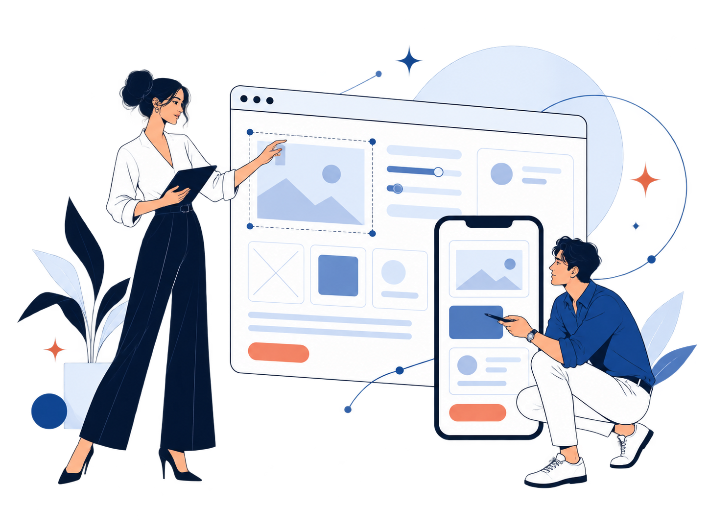 Editorial illustration of a website and mobile app design team
