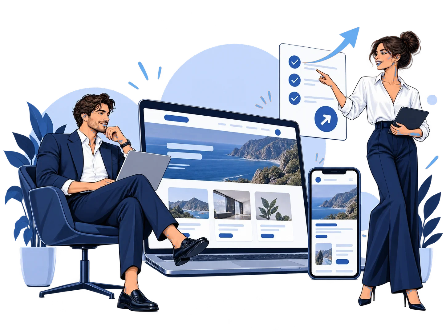 Editorial illustration of a team reviewing a launched website and mobile app