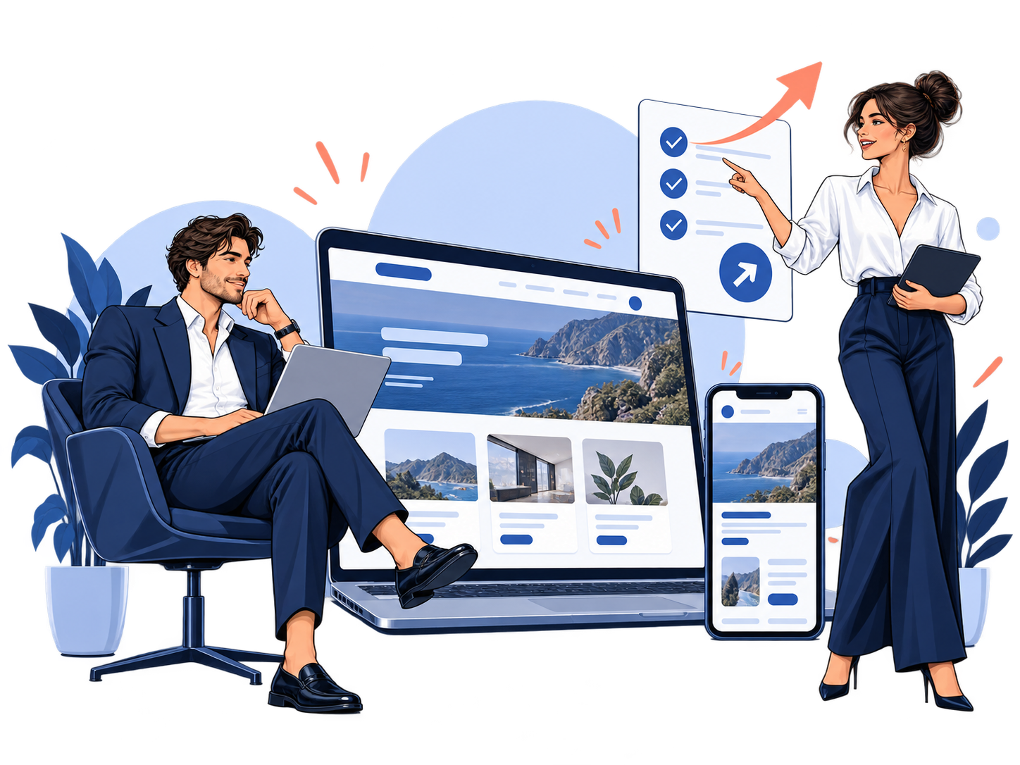Editorial illustration of a team reviewing a launched website and mobile app